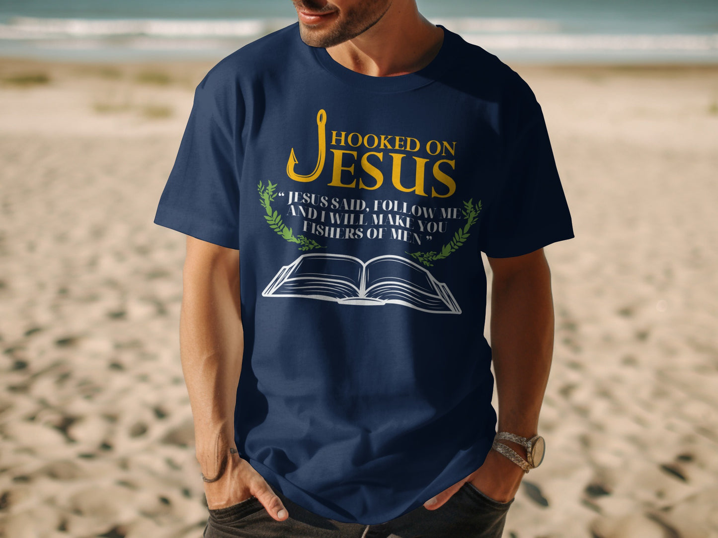 Navy t-shirt with "Hooked on Jesus" text, bible graphic, and scripture.