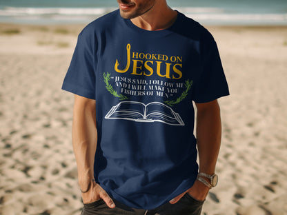 Navy t-shirt with "Hooked on Jesus" text, bible graphic, and scripture.