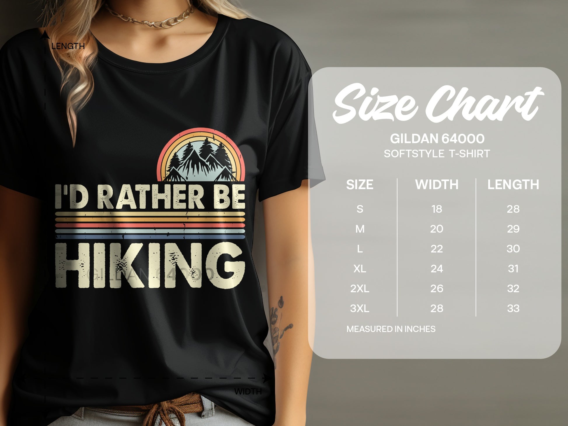 T-shirt with "I'd Rather Be Hiking" text, mountains, and size chart.