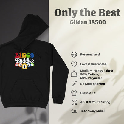 Black Gildan 18500 hoodie with "Bingo Buddies" design and product features.
