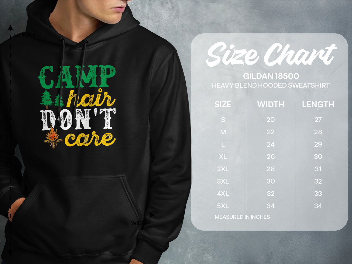 Hoodie displaying "CAMP hair DON'T care" with a size chart.