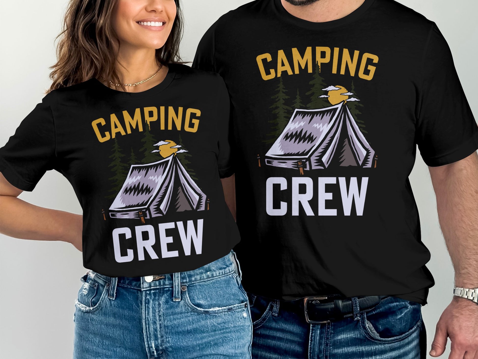 Black t-shirts with "Camping Crew" text and a tent graphic.