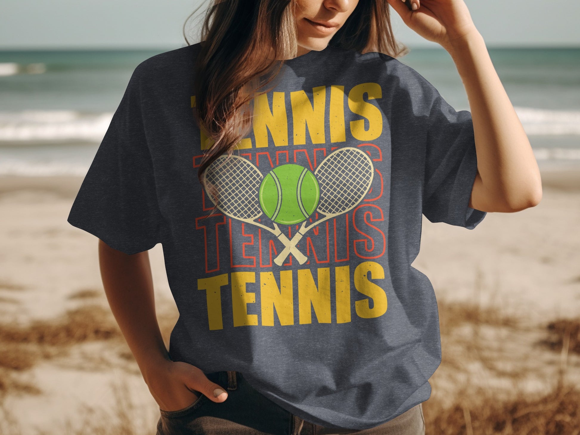 T-shirt with "TENNIS TENNIS" text and crossed rackets and ball.