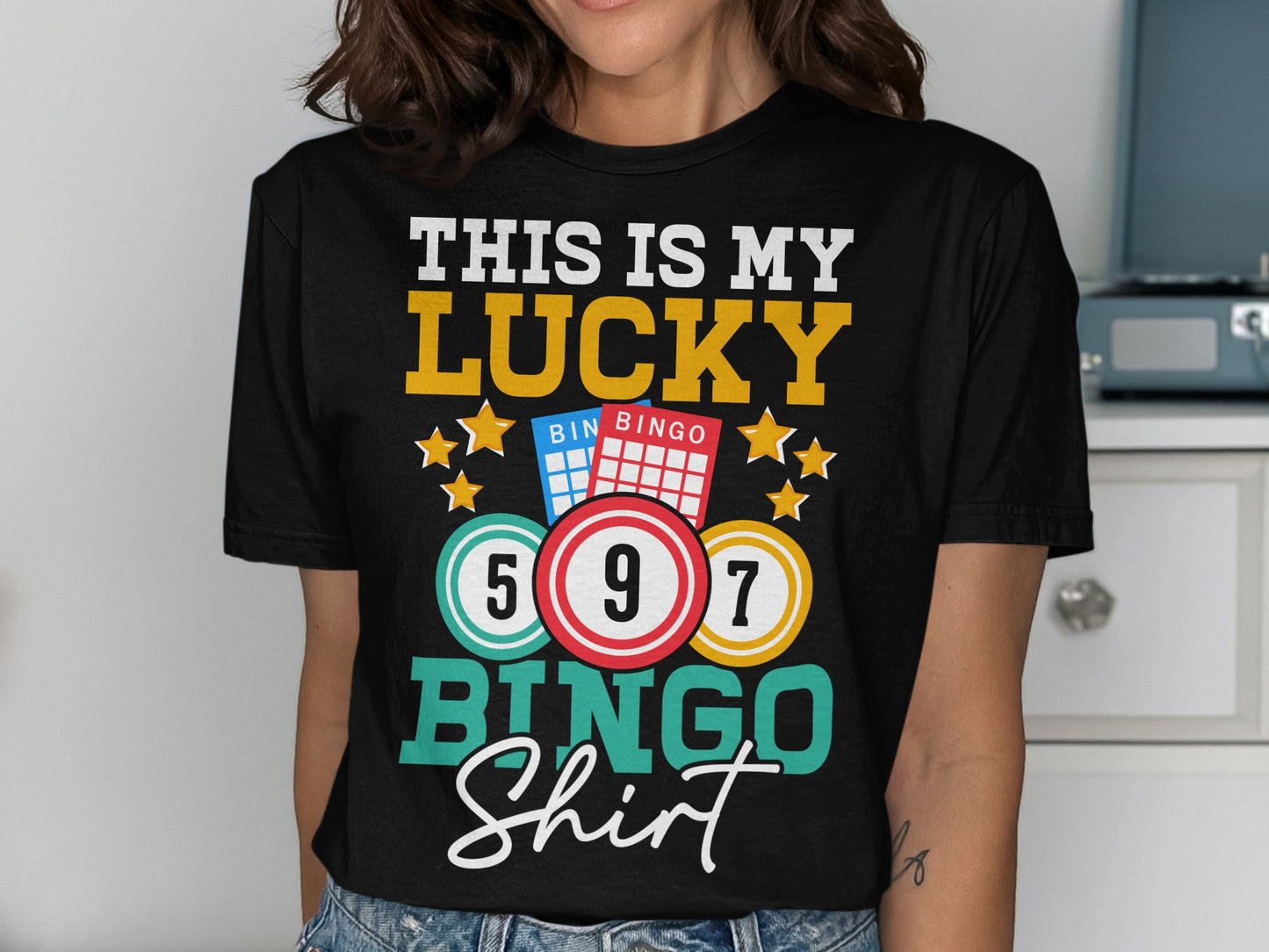 Black t-shirt with "THIS IS MY LUCKY BINGO Shirt" text and bingo cards.