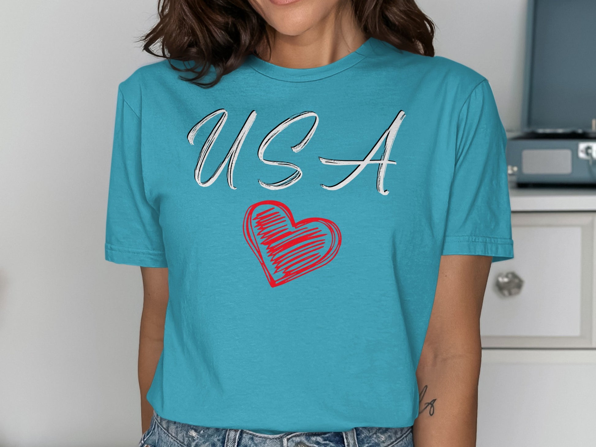 USA Heart Design Printed Casual T-Shirt