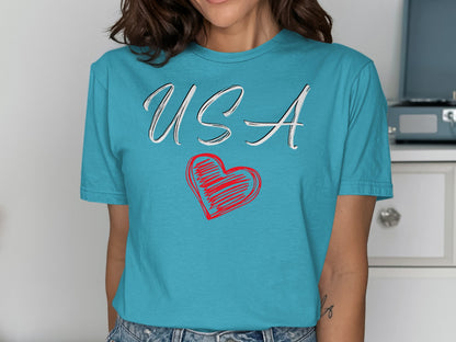 USA Heart Design Printed Casual T-Shirt