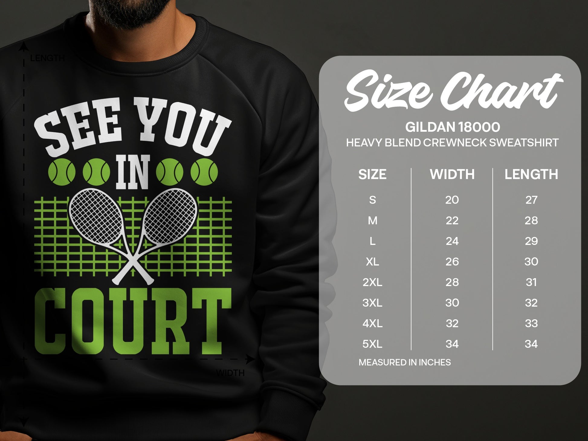Black sweatshirt with "See You In Court" graphic and size chart.