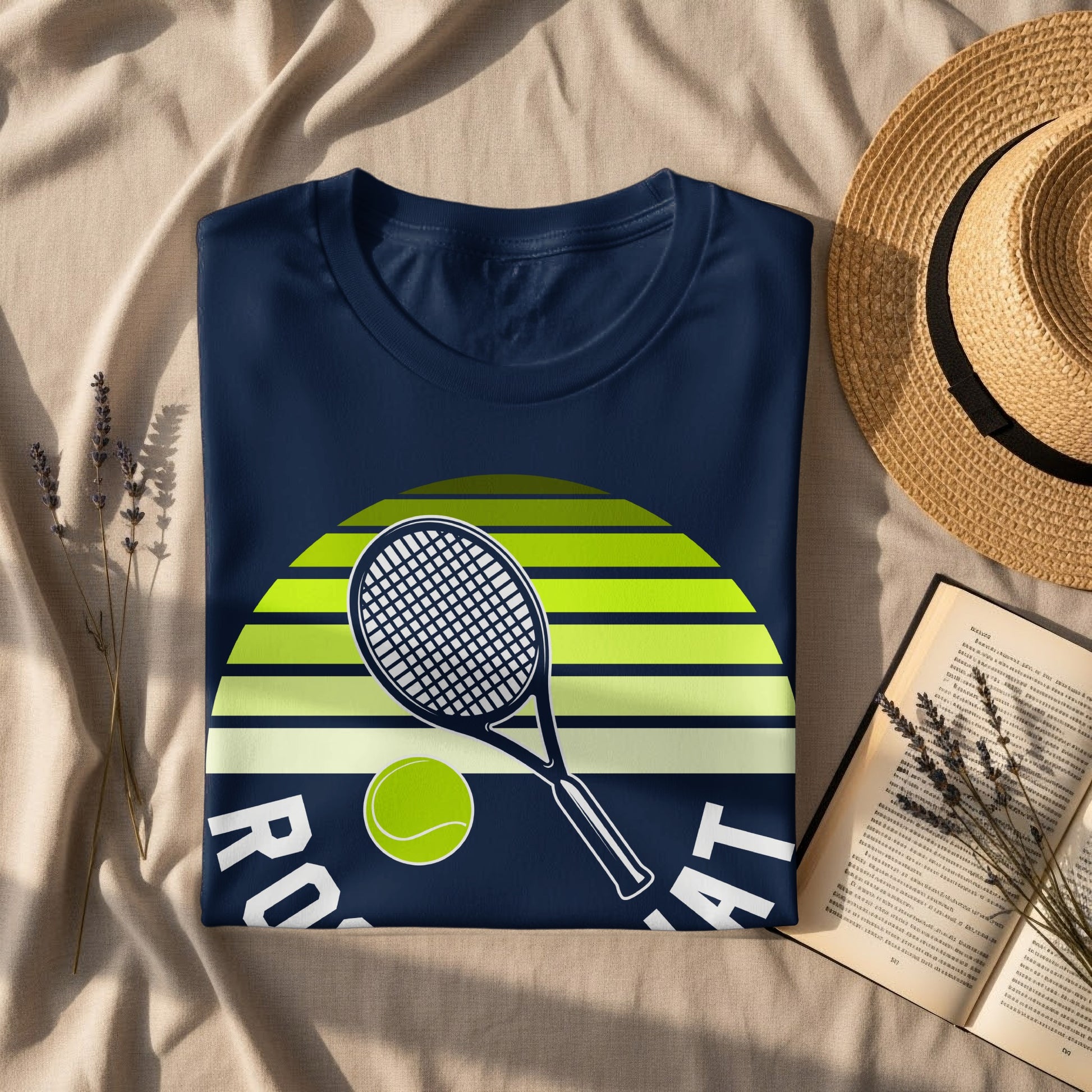 Navy t-shirt with tennis racket, ball, and "RO AST" text design.