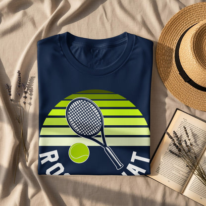 Navy t-shirt with tennis racket, ball, and "RO AST" text design.