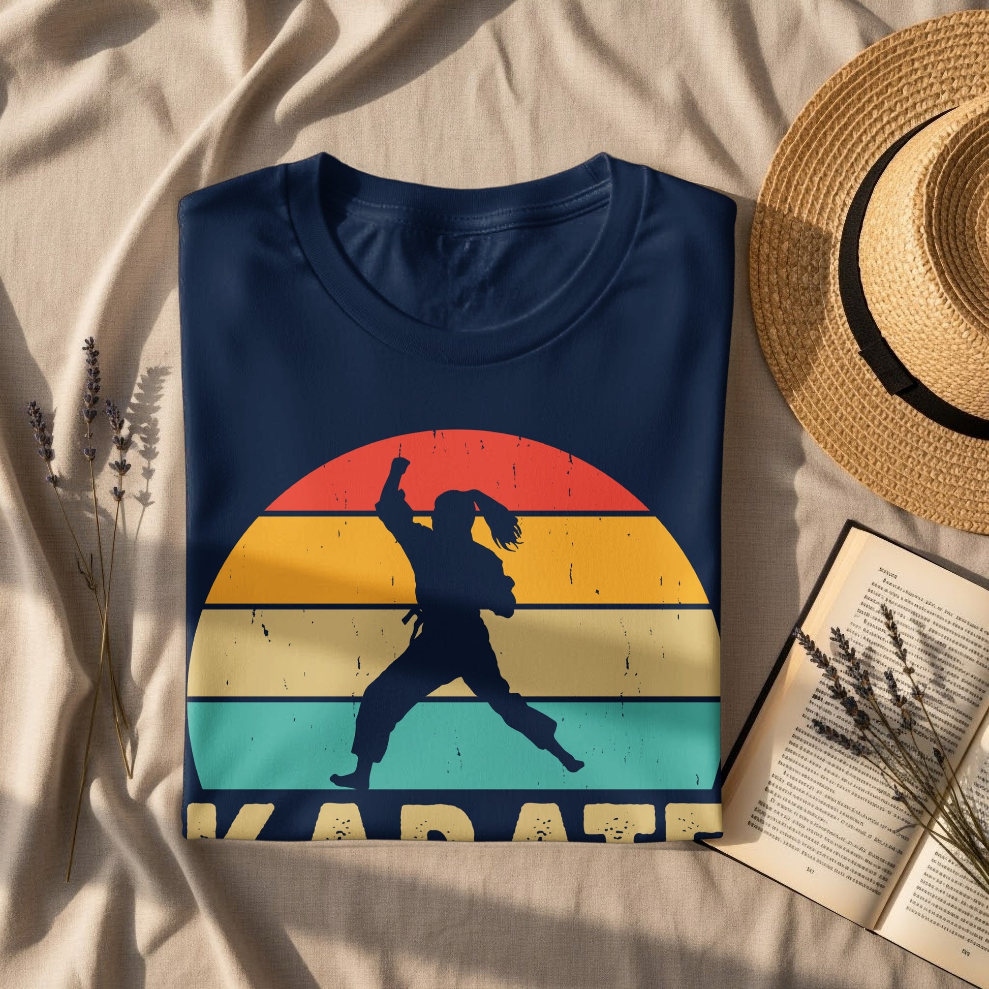 Dark blue t-shirt with vintage sunset silhouette of a karate figure.