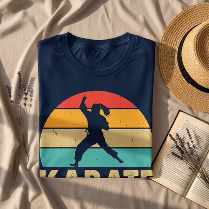 Dark blue t-shirt with vintage sunset silhouette of a karate figure.